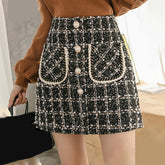 Elegant Pearl Button Wool Plaid Mini Skirts