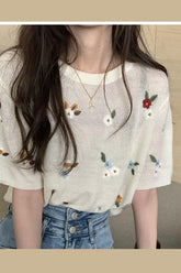 Lässiges Sommerhemd mit O-Ausschnitt und Blumenmuster