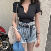 Deep V-Neck Knitted Cropped Shirt