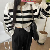 Long Sleeve Casual Zipper Striped Cropped Sweater