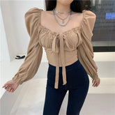 Long Sleeve Sexy Square Collar Bow Crop Tops