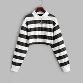 Colors Striped Long Sleeve Collar Cropped Shirt