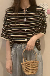 Camisa de cuello de colores a rayas de manga corta