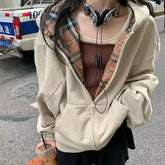 Long Sleeve Plaid Adjustable Zipper Hooded Sweatshirt