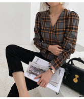 Long Sleeve V-Neck Plaid Elegant Blouse