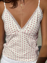 Y2K Aesthetic V-Neck Camisole with Contrast Lace Detail, Geometric Heart Pattern, Knit Fabric Slingback Top, 95% Polyester 5% Elastane, 180g/m² Lightweight Fabric