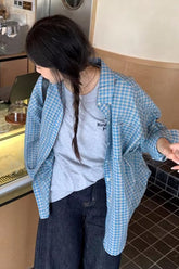 Long Sleeve Retro Blue Plaid Blouse Shirt