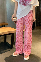 Cute Heart Pattern Casual Pink Pants