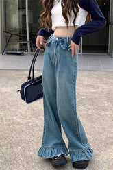 High Waist Vintage Ruffled Style Loose Jeans Pants