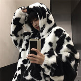 Loose Cow Pattern Hooded Fleece Jackets