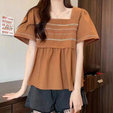 Short Sleeve Folk Embroidered Blouse Shirt