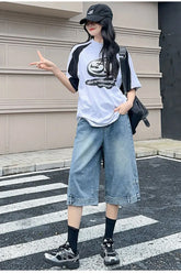 Loose Reversed Style Mid Length Jeans Pants