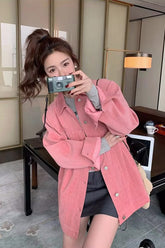Long Sleeve Turn Down Collar Vintage Pink Corduroy Jacket