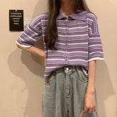 Loose Turn Down Knitted Striped Shirt