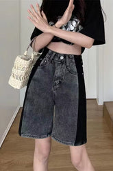 High Waist Black Side Grey Denim Shorts