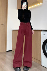 Loose Red Thicken Denim Long Pants