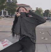 Long Sleeve Casual Black Striped Turtleneck Shirt