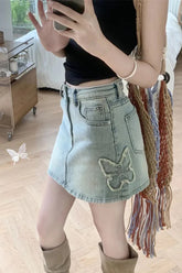 Vintage Butterfly Embroidery Mini Denim Skirts