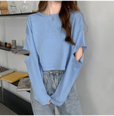 Long Hole Sleeve O-Neck Cropped Shirt