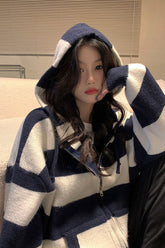 Loose Knitted Zipper Striped Hoodie