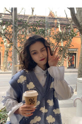 Pullover mit V-Ausschnitt und süßem Wolken-Print