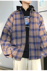 Long Sleeve Color Block Plaid Fleece Men Shirt