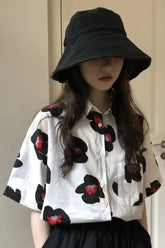 Short Sleeve Cartoon Floral Printed Retro Blouse Shirt