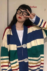 Striped V-Neck Tie Button Cardigan Sweater