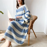 Loose Long Striped Crew Neck Knitted Dress