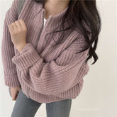 Zipper Solid Knitted Loose Sweater