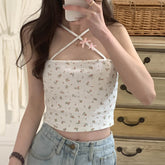 Sexy Floral Halter Cross Slim Crop Tops