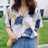 Art Paint Printed Short Sleeve Blouse Shirt