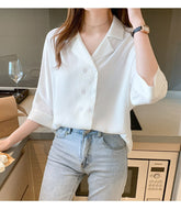 Half Sleeve Notched Collar Office Blouse Shirt