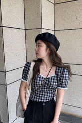 Camisa de cuadros de manga corta con encaje para tiempo libre