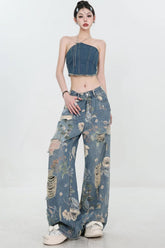 High Waist Floral Pattern Long Ripped Jeans Pants