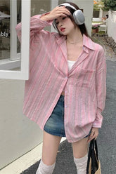 Long Sleeve Elegant Pink Striped Blouse Shirt