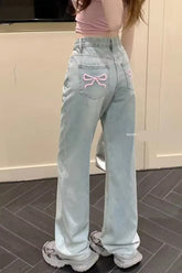 High Waist Cute Pocket Bow Embroidered Long Jeans Pants