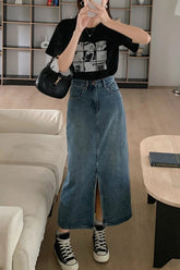 High Waist Front Split A-Line Denim Skirts
