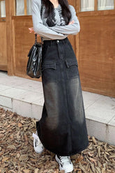 High Waist Washed Black Denim Long Skirts