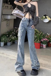 High Waist Lace Butterfly Pattern Jeans Pants