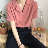 Notched Short Sleeve Blouse Shirt