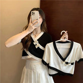 V-Neck Short Sleeve Cropped Slim Shirt