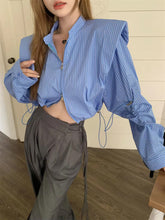 Long Sleeve Retro Blue Striped Sexy Cropped Blouse Shirt