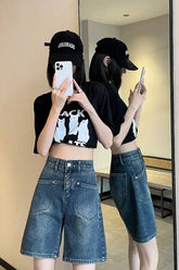 High Waist Double Pockets Style Denim Shorts