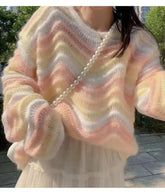 Long Sleeve O-Neck Knitted Wave Striped Sweater
