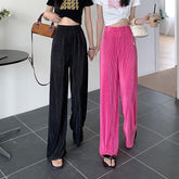Solid Elastic Waist Pleated Loose Pants