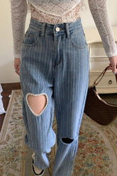 Heart Shaped Hole Jeans Pants