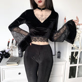 Sexy Gothic-Shirt mit Spitzenärmeln und V-Ausschnitt