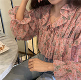 Long Sleeve Ruffled Style Flowers Blouse Shirt