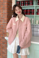 Long Sleeve Faux Suede Pink Elegant Jacket